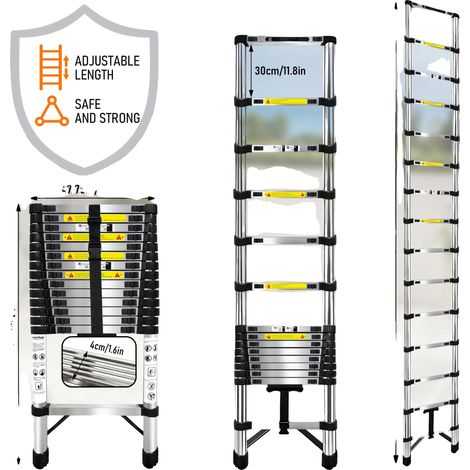 Escalera telescópica, ligera, con diseño antideslizante, 4,4 m. Sin gancho.