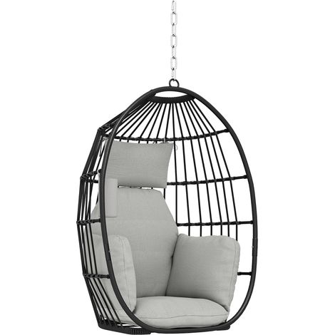 Fauteuil suspendu, fauteuil œuf suspendu, panier pliable, coussins rembourrés, porte-gobelet, oreiller, gris foncé (1/5)