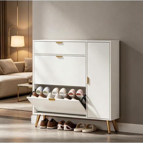 Zapatero blanco con 4 compartimentos, 2 abatibles extraíbles, 8 a 12 pares DESVIAE (1/5)