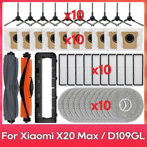 Zubehör und Ersatzteile für den Xiaomi X20 Max / D109GL Saugroboter: Hauptbürste, Seitenbürste, HEPA-Filter, Reinigungstuch, Staubbeutel.