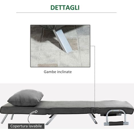 Canapé-lit pliant 3-en-1 gris 65x69x80 cm, fauteuil convertible 1 place avec dossier ajustable sur 5 niveaux et coussin, en microfibre suédée et acier, parfait pour salon et séjour.