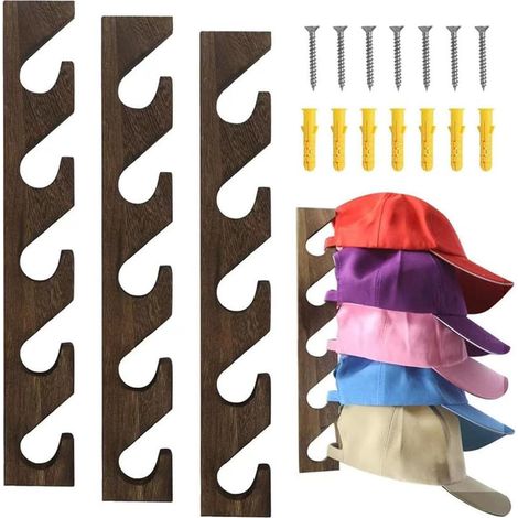 Lot de 3 porte-chapeaux pour casquettes de baseball, support mural vertical en bois pour casquettes de baseball, porte de placard, chambre à coucher, salon, entrée, buanderie (marron) (1/5)