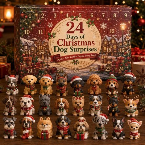 hond adventkalender 2026 - 24 stuks - bruin wit zwart rood - acryl materiaal - 28x20cm - diverse rassen kersthond hangornamenten set - kerstboom decoratie - geschikt voor kerstfeest en interieur decor (1/5)