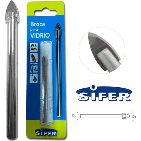 SIFER sifer broca para cristal ø6 mm , Vídrio, cerámica, azulejos, porcelana.Punta recta y base cilíndrica. Superficie de níquel.