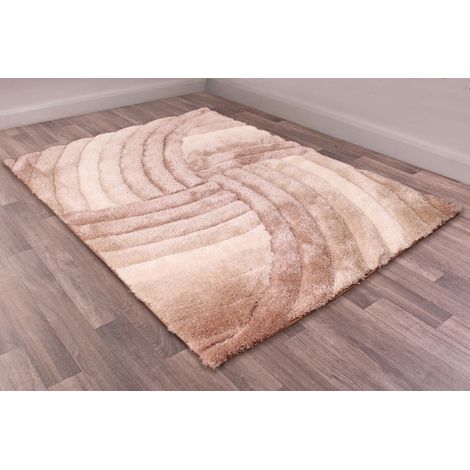 Modern 3D Carved Mumbai Soft Fluffy Shaggy Rug in Natural 60 x 110 cm (2'x3'7") (1/4)
