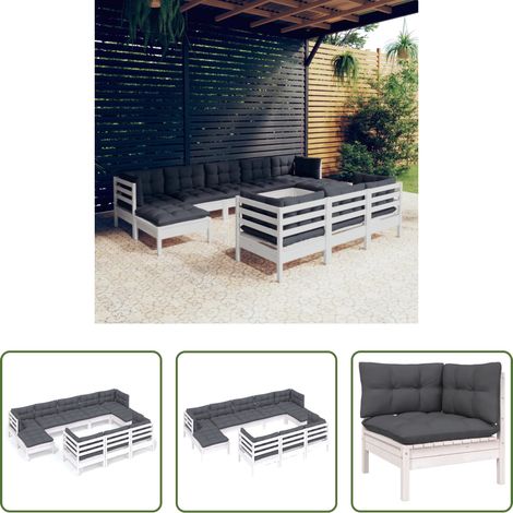 Terrassensofa - 10-tlg. Garten-Lounge-Set mit Kissen Weiß Kiefer Massivholz (1/5)