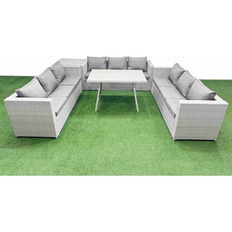 Fimous 9 Seat Outdoor Patio PE Rattan Garden Furniture with Cushions 3 Seater Sofa Side Table Light Grey (1/4)