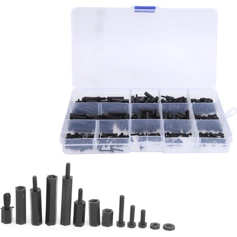Kit d'assortiment de 320 entretoises hexagonales M2 en nylon mâle-femelle avec vis et écrous. (1/5)