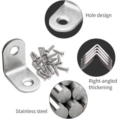 Équerre à angle droit à 90 degrés, équerre d'angle métallique en forme de L de 20 x 20 x 16 mm, en acier inoxydable, convient pour le bois, les meubles et les armoires, 20 pièces par paquet. (1/3)