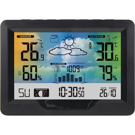 YMYNY Station Météo sans Fil, Station Météo Radio avec Capteur Extérieur, Station Météo Radio Multifonction avec Humidité, Baromètre, Hygromètre, Prévisions Météo (1/4)