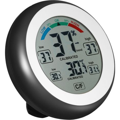 Termohigrómetro redondo con pantalla táctil y reloj, negro (1/5)