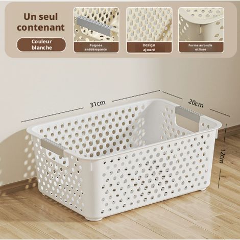 Panier de rangement rectangulaire blanc PP perforé 31x20x12 cm, poignée antidérapante, léger et résistant, adapté cuisine, bureau, chambre étudiant pour ranger jouets, goûters et petits accessoires (1/5)