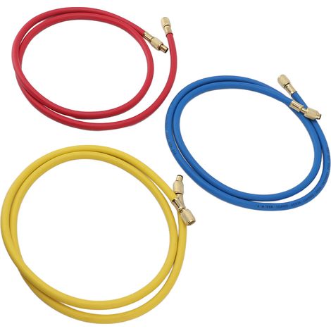 Lot de 3 tuyaux de charge de réfrigérant de 90 cm pour climatiseur, diamètre 1/4 po, compatibles avec les réfrigérants R12, R22 et R502, bleu, rouge et jaune. (1/5)