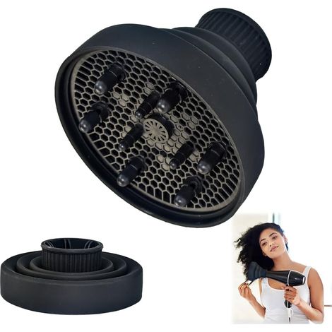 Difusor de silicona para secador de pelo, difusor para cabello rizado, funda de silicona para secador de pelo, difusor universal plegable para la mayoría de secadores de pelo (negro) (1/5)