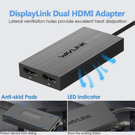 Adaptateur d'affichage double 4K à 60 Hz WAVLINK DisplayLink, convertisseur USB-C vers double HDMI, hub de moniteur, station d'accueil pour écran étendu (1/5)