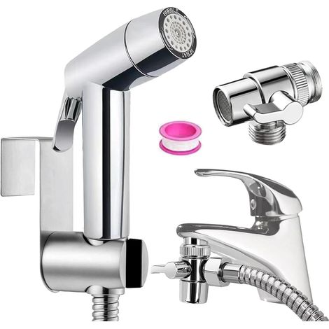 Pistolet Bidet Inox - Accessoire Toilette 2 Modes Jet Et Stream - Pour Salle De Bain Et Animaux - Kit Complet 5 Pièces (1/5)