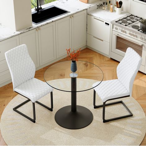 Set tavolo da pranzo rotondo con 2 sedie 85x85x76 cm, vetro temperato, schienale alto, metallo nero, bianco (1/5)