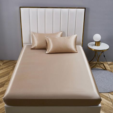 1 Drap Housse, Satin, Microfibre, Bonnet 30 cm, 180x200 cm, Beige Or, Matelas Épais (1/5)
