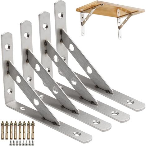 4 supports d'étagère murale de 8 pouces, supports d'étagère robustes en acier inoxydable, équerres d'angle (200 mm x 135 mm)