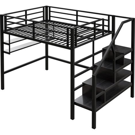 CAIziLit mezzanine 140x200 cm avec escalier de rangement et étagères, noir (1/5)