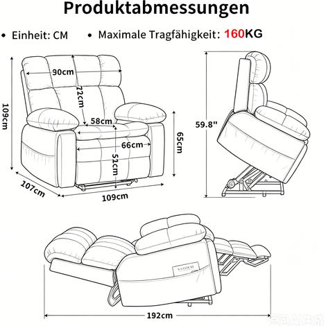 Fauteuil relax TV électrique double moteur, inclinable et releveur, fauteuil de salon spacieux, chaise longue 1 place multifonction, réglable en position allongée, dossier inclinable, grand modèle bla (1/5)