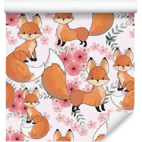 Carta da parati con simpatiche volpi e fiori per soggiorno e camera da letto, 50x1000 cm (1/5)