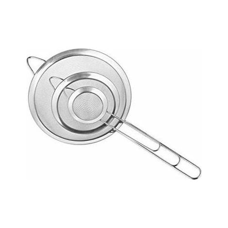 Ensemble de tamis de cuisine à mailles fines en acier inoxydable 7/12/18 cm avec bord et poignées antidérapantes confortables.