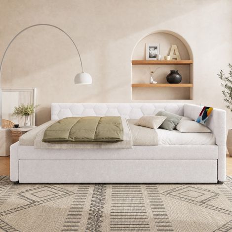Tagesbett 140x200 cm Weiß aus Velours mit Ausziehbett, USB-C, Nachttischlampe und Lattenrost (1/5)