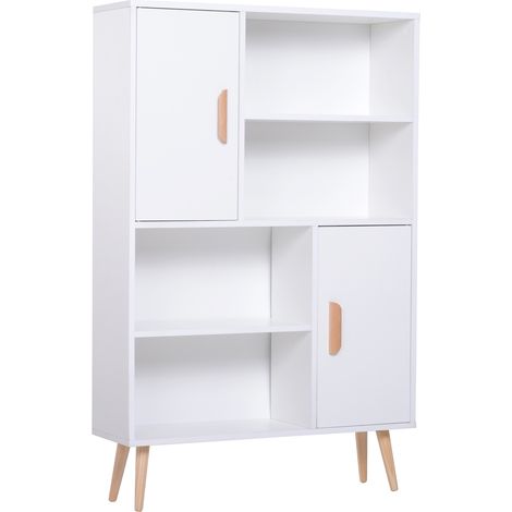 Homcom – Bibliothèque scandinave 4 niches et 2 placards – Dimensions 80L x 24l x 123H cm – Bois massif et panneaux de particules – Pieds effilés inclinés (1/7)