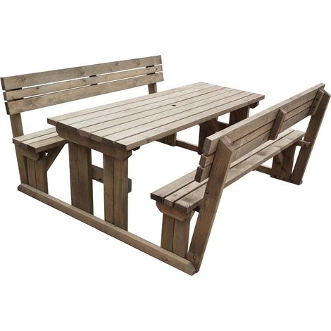 4ft (120cm) Picnic table and bench set with backrest, rustic brown finish, Alders square corners