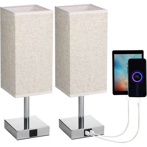 Lot de 2 lampes de chevet tactiles, avec ports USB-A+C, 3 ampoules à intensité variable, abat-jour fin en éphédra, idéal pour la chambre, le salon ou le bureau d'enfants (2 ampoules incluses) [Classe 