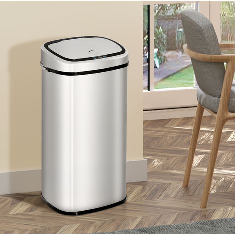Poubelle automatique avec capteur 68 L en acier inoxydable argenté, ouverture sans contact, usage cuisine et bureau, design moderne – CHICFURN (1/5)