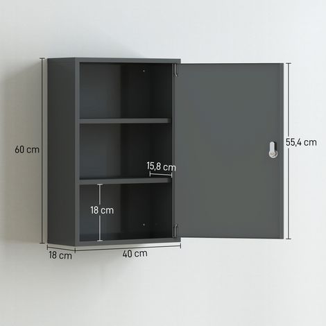 Armoire à pharmacie murale, meuble de salle de bain avec 3 étagères, 2 clés, 40 x 18 x 60 cm, grise (1/5)