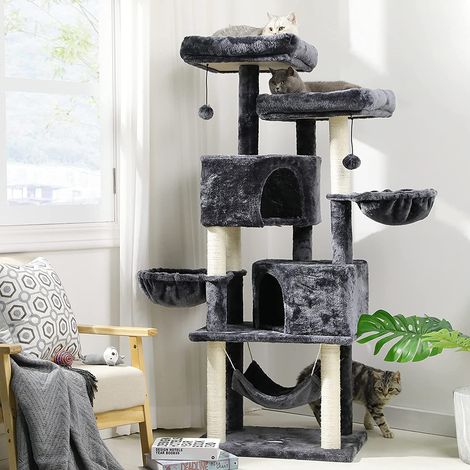 Msmask – Arbre à chat 153 cm avec 2 niches et 2 paniers ronds – Tronc en sisal naturel – Base renforcée pour stabilité – Gris foncé