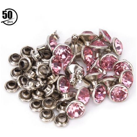 50 Strass-Diamantnieten zur Verzierung von Leder, Taschen und Kleidung, 8 mm, silber/rosa Rand (1/5)