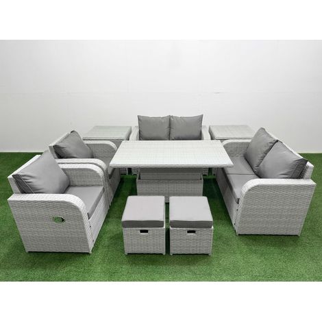 Fimous 8 Seater Outdoor Reclining Chair Love Sofa Set Rattan Garden Furniture Set with Adjustable Lifting Dining or Coffee Table 2 Stools 2 Side Table Light Grey (1/5)