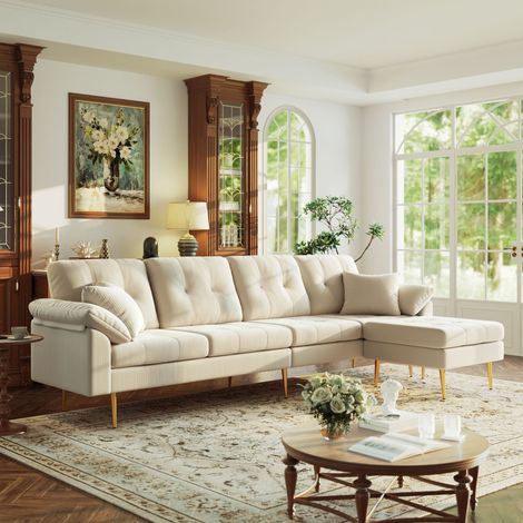 Canapé 4 places moderne en velours côtelé 250cm avec pouf modulable, configurable en canapé d’angle L, coussins épais et doux, pieds en fer de 20cm, grand canapé lounge pour salon (1/5)