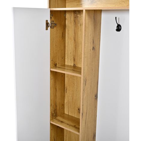 Garde-robe d'entrée en MDF avec miroir, penderie, crochets et meuble à chaussures pour couloir et vestibule (1/5)
