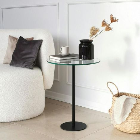 Bout de canapé rond en verre, pied métal noir Ø40 cm TULUM