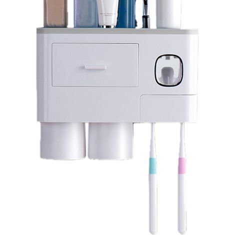Set mural porte-brosse à dents aimanté multifonction avec tiroir, distributeur de dentifrice et 2 verres - gris (1/3)