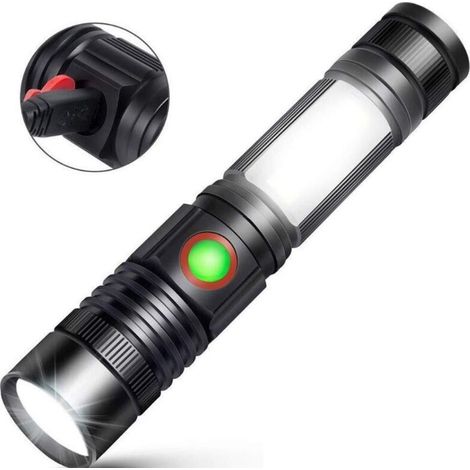 Lampe torche LED COB puissante et rechargeable par USB, 500 lumens, portable et zoomable, idéale pour voiture, garage, atelier, camping et bricolage.