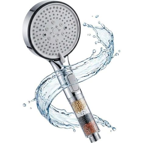 Ce pommeau de douche anticalcaire est doté d'une finition chromée argentée (avec des billes minérales internes), de cinq modes de jet et d'un système de filtration anticalcaire. (1/5)