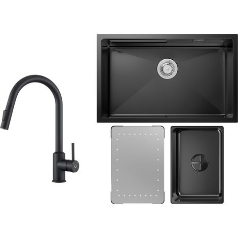 Fregadero de cocina 1,5 senos 70 x 44 cm fregadero de acero inoxidable fregadero bajo encimera antracita + grifo de cocina extensible negro con 2 tipos de chorro alto 404MM (1/5)