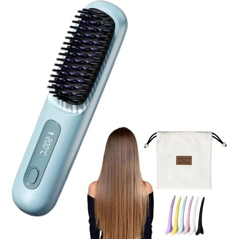 Brosse Cocoony pour Cheveux Courts Brosse Lissante Rechargeable Portable, Design Durable, avec Affichage LCD, Réglage de la température en 3 étapes,Pour Coiffage Quotidien & Voyage (Bleu) (1/5)
