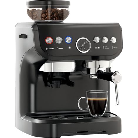 HOMCOM Espresso Machine, Bean Grinder & Steam Wand, 15 Bar Pressure, Black