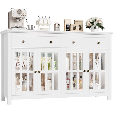 Sideboard 140×40×91 cm, Küchenschrank Buffetschrank mit 2 Schubladen und 4 Glastüren, verstellbare Regale, Küchenbuffet, Weiß