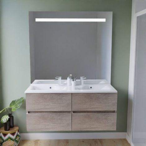 Meuble double vasque 120 cm ROSALY INOX + miroir Elégance ht105- Bois- Plan vasque en Résine