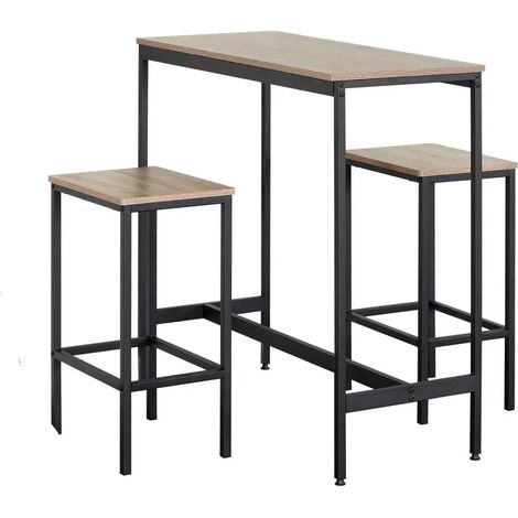 Set tavolo e 2 sgabelli in metallo ripiani in legno rovere