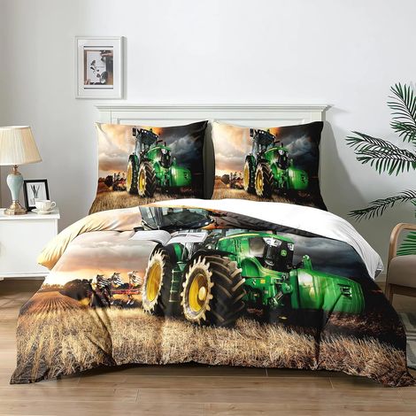 Housse de Couette Tracteur 200x200cm 3 Pièces, Enfant Parure de lit imprimé Ensemble 3D,Parure De Lit Tracteur 1 Personne avec 2 Taies d'oreiller 65x65cm(T1x200) - 200x200 (1/5)
