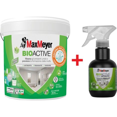 set pittura antimuffa max meyer "bioactive a+ plus" bianco 14lt e spray antimuffa max meyer "bioactive" trasparente 0,25 lt